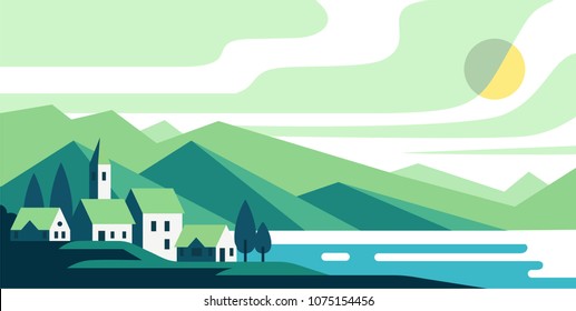 Landscape with houses and lake or bay and mountains on horizon.