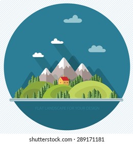 Landscape. Houses in the mountains among the trees. Flat style, vector illustrations 