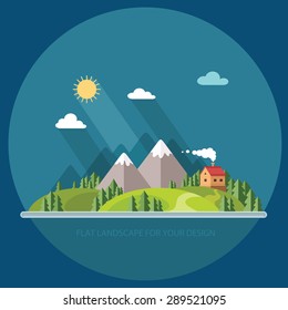 Landscape. Houses in the mountains among the trees. Flat style, vector illustrations 