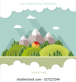 Landscape. Houses in the mountains among the trees. Flat style, vector illustrations
