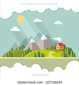 Landscape. Houses in the mountains among the trees. Flat style, vector illustrations
