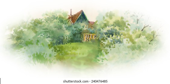 Landscape with houses on white background, watercolor vector illustration