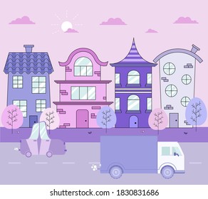 
landscape of houses in pink shades with cars and a road, flat illustrations, illustrations for animation