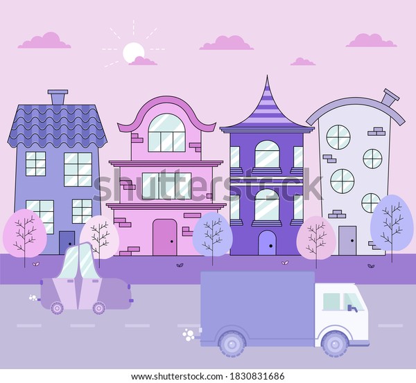 \
landscape of houses in pink\
shades with cars and a road, flat illustrations, illustrations for\
animation