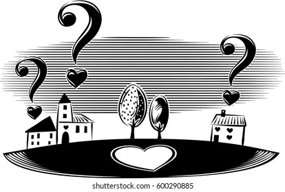 Landscape with houses and question marks in the shape of heart.