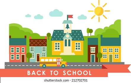 Landscape with houses, school bus, school building and cityscape in flat style 