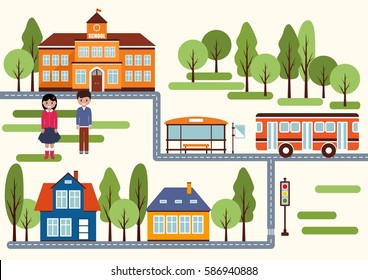 Landscape with houses, school bus, school building and children. Cityscape in flat style. Vector illustration.