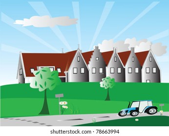 landscape with houses and tree