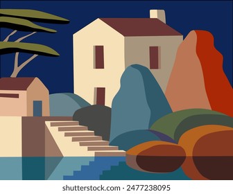  landscape with houses, trees, and abstract forms representing vegetation and rocks. Bold colors divide the composition into various shapes, creating a  balance between nature and architecture