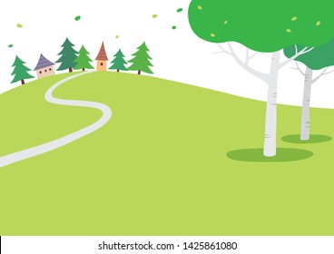 Landscape with houses and trees on the hill.Summer nature background