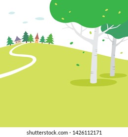 Landscape with houses and trees on the hill.Summer nature background