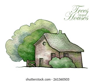 Landscape with houses, watercolor vector illustration