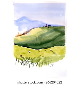 Landscape with houses, watercolor vector illustration