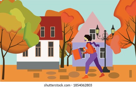 landscape with houses with a woman wearing mask