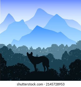 landscape howling wolf stands on a rock. Vector illustration of a black silhouette of a coyote on the background of nature. EPS
