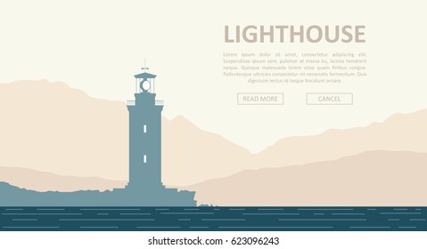 Landscape with huge lighthouse at seashore over mountain range. Vector illustration