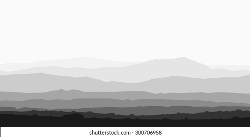 Landscape with huge mountain range. Black and white vector panorama.