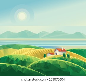 Paisaje con cabaña. Ilustración de polígono (vector).