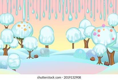 Landscape with ice cream on chocolate sticks. Childrens picture background. Cartoon style. Snow drifts. Cold winter dream land. Refreshing sweets and drips. Vector