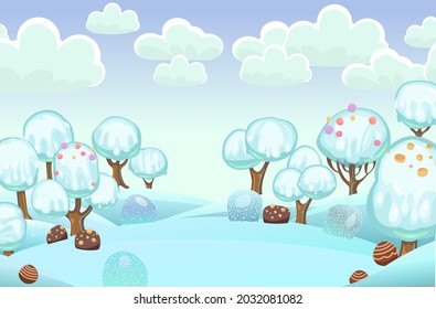 Landscape with ice cream on chocolate sticks. Childrens picture background. Cartoon style. Snow drifts. Cold winter dream land. Clouds. Sweets and drips. Vector.