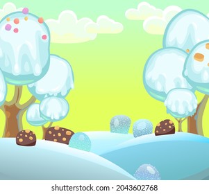 Landscape with ice cream on chocolate sticks. Childrens picture background. Cartoon style. Snow drifts. Cold winter dream land. Sunrise. Sweets and drips. Vector.