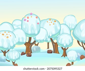 Landscape with ice cream on chocolate sticks. Childrens picture background. Cartoon style. Snow drifts. Cold winter dream land. Sweets and drips. Vector.
