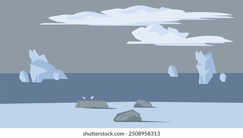 Landscape with icebergs. Seagulls on overturned boats on the shore of a cold sea.