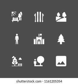 landscape icon. 9 landscape set with skiing, mountain range on black background, castle and park vector icons for web and mobile app