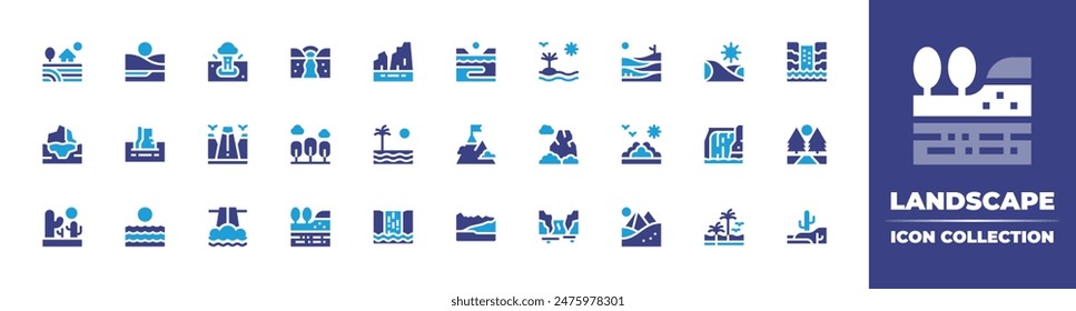 Landscape icon collection. Duotone color. Vector illustration. Containing desert, nationalpark, iceberg, goal, mountain, geological, sea, beach, waterfall, glacier, forest.