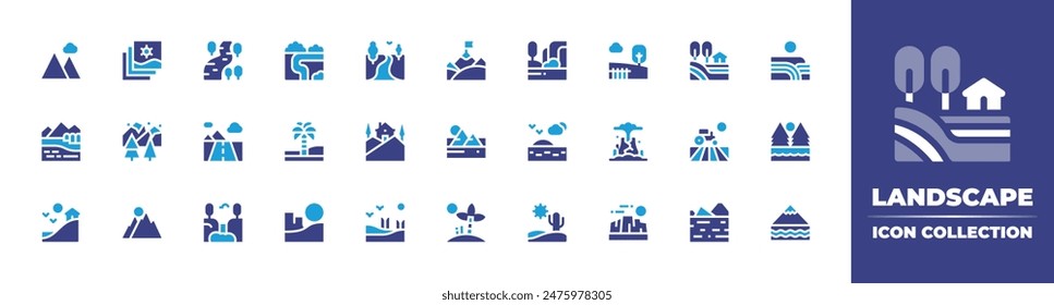 Landscape icon collection. Duotone color. Vector illustration. Containing landscape, house, river, waterfall, island, mountain, picture, volcano, pyramid, palmtree, park.
