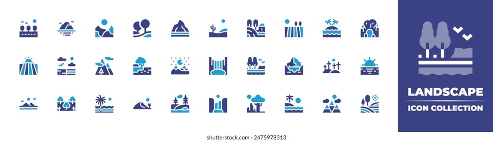 Landscape icon collection. Duotone color. Vector illustration. Containing landscape, field, niagarafalls, waterfall, mountains, dune, mountain, river, trees, beach.