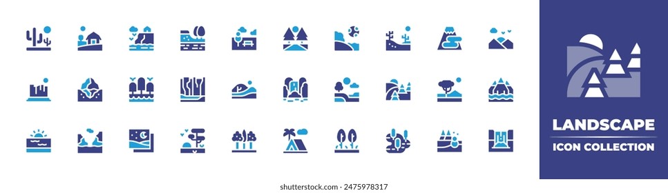 Landscape icon collection. Duotone color. Vector illustration. Containing iceberg, sunset, campingtent, waterfall, rock, image, forest, trees, desert, fjord, savannah, snowy.