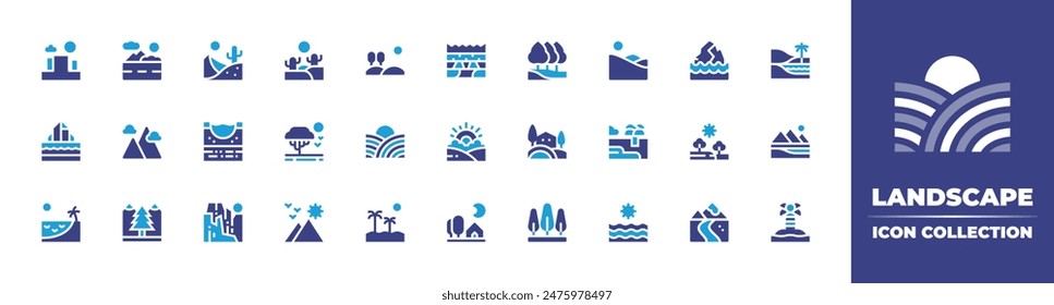 Landscape icon collection. Duotone color. Vector illustration. Containing road, tuscany, landscape, trees, sunrise, desert, field, iceberg, savannah, water, sunset, hill.