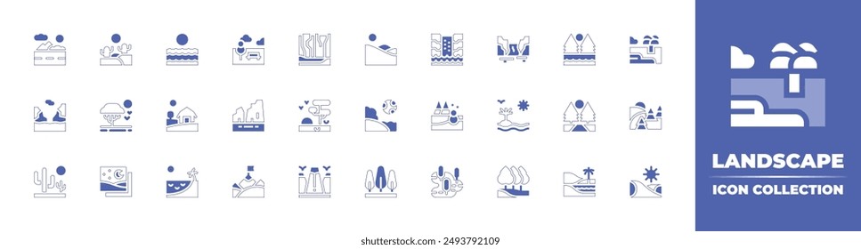 Landscape icon collection. Duotone style line stroke and bold. Vector illustration. Containing trees, landscape, swamp, island, mountain, halongbay, snow, forest, oasis, savannah, desert.