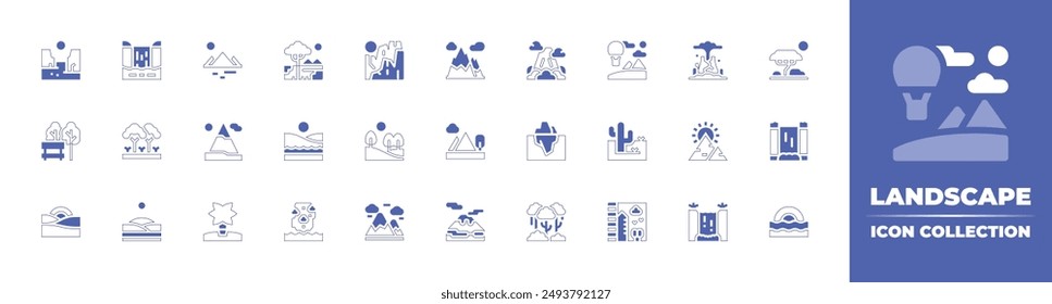 Landscape icon collection. Duotone style line stroke and bold. Vector illustration. Containing mountains, teide, background, sunset, pyramid, waterfall, iceberg, forest, grassland, desert.