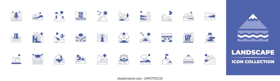 Colección de iconos de paisaje. Trazo de línea de estilo duotono y negrita. Ilustración vectorial. Conteniendo Toscana, carretera, desierto, campo, tienda, pirámide, dunas, naturaleza, río, cascada, puesta de sol, roca.