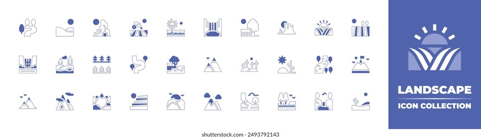 Landscape icon collection. Duotone style line stroke and bold. Vector illustration. Containing river, field, niagarafalls, windmill, mountains, desert, park, waterfall, pine, beach, mountain.