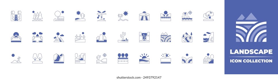 Landscape icon collection. Duotone style line stroke and bold. Vector illustration. Containing park, landscape, desert, spruce, windmill, mountain, megalith, palmtree, pyramids, beach.