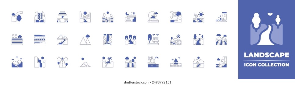 Kollektion des Querformat-Symbols. Linienstrich im Duotonstil und fett. Vektorillustration. Enthält Straße, Landschaft, Fluss, Feld, Wasserfälle, Goktata, Pfad, Hügel, Garten, Strand.