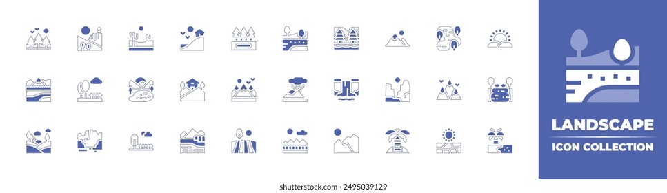 Colección de iconos de paisaje. Trazo de línea de estilo duotono y negrita. Ilustración vectorial. Conteniendo bosque, colina, pueblo, montañas, lago, bosque, parque, sabana, madriguera, naturaleza, pantanos, cascada.