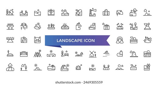 Colección de iconos de paisaje. Relacionado con montaña, bosque, río, playa, desierto, campo, isla, volcán, cascada y más. Conjunto de símbolos de línea de Vector.