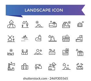 Landscape icon collection. Related to mountain, forest, river, beach, desert, field, island, volcano, waterfall, and more. Vector Line symbol set.