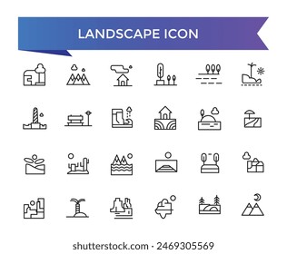 Landscape icon collection. Related to mountain, forest, river, beach, desert, field, island, volcano, waterfall, and more. Vector Line symbol set.