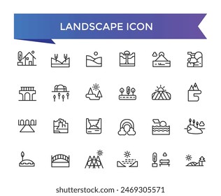 Landscape icon collection. Related to mountain, forest, river, beach, desert, field, island, volcano, waterfall, and more. Vector Line symbol set.