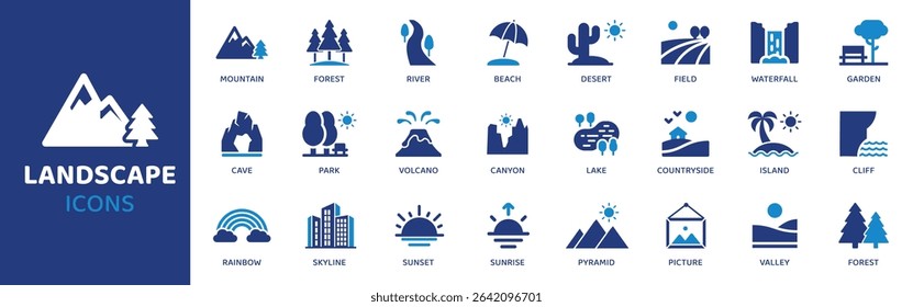 Landscape - Icon Collection. Thin Line Set contains such Icons as Mountain, Hill, River, Lake, Valley, Forest, Tree and more. Simple web icons set.
