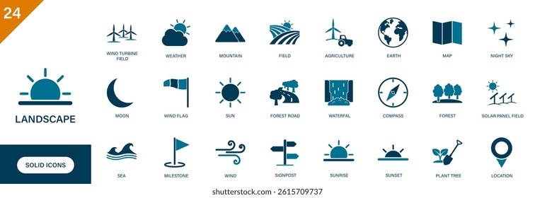 Landscape icon. Containing nature, forest, waterfall, wind, field.