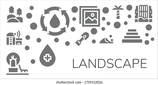 Landschaftssymbol-Set. 11 gefüllte Landschaftssymbole.  Einfache, moderne Symbole wie: Wald, Wasser, Bauernhof, Schaufel, Landschaft, Düne, Bild, Palme, Pyramide, Wasserfall