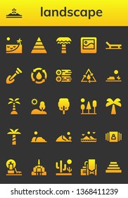 landscape icon set. 26 filled landscape icons.  Collection Of - Beach, Mountain, Pyramid, Palm tree, Picture, Shovel, Water, Woods, Desert, Island, Hill, Tree, Trees, Dune, Mountains