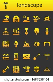 landscape icon set. 26 filled landscape icons. Included Island, Palm tree, Barn, Hill, Tree, Picture, Desert, Shovel, Waterfall, Canyon, Pyramid, Stari most, Farm, Image gallery icons