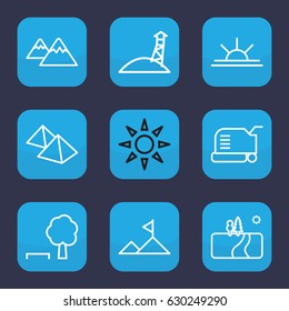 Landscape icon. set of 9 outline landscape icons such as lawn mower, sun rise, mountain, sunbed, landscape, observation military tower